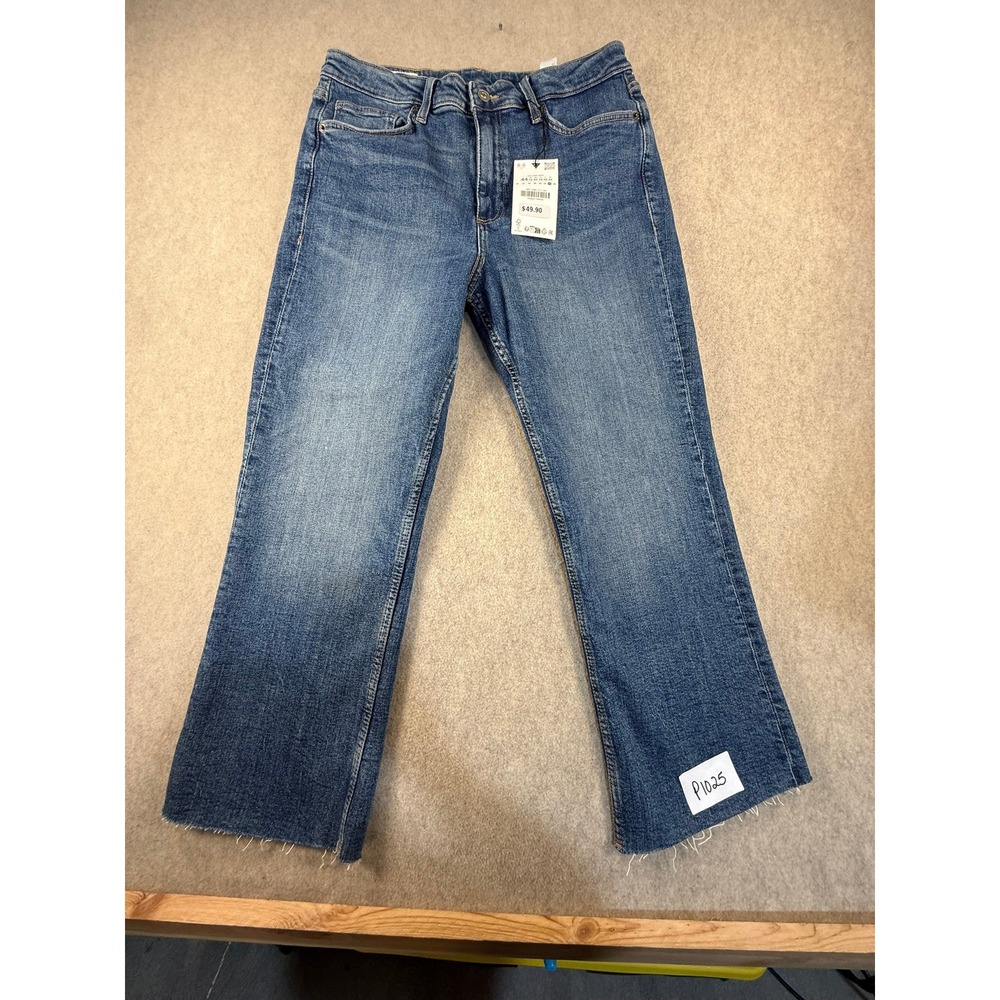 NWT Zara High-Rise Cropped Flare Jeans Blue Medium Wash Raw Hem Size 12